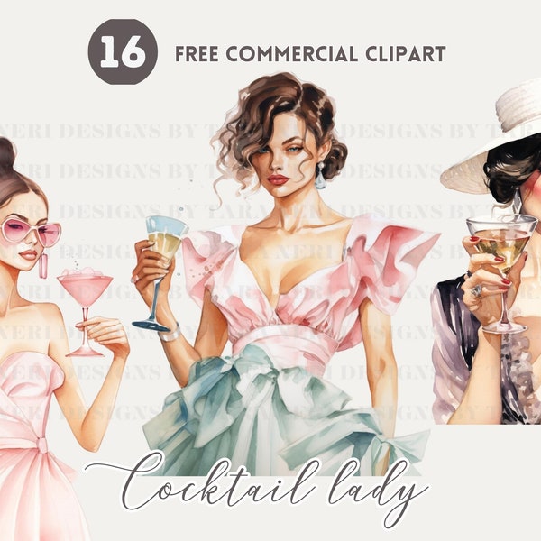 Cocktail Lady Aquarell Clipart Bündel Mädchen mit Getränkeglas Kostenlose kommerzielle png-set Cocktailpartyillustration für journal