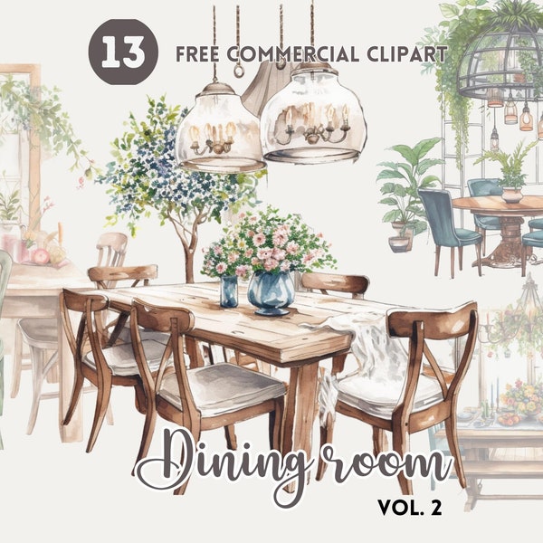 Floral salle à manger aquarelle Clipart Bundle gratuit Commercial Table à manger réglage PNG Clipart téléchargeable dîner Illustration