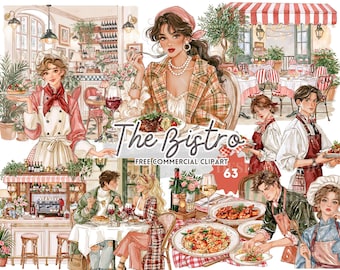 Bistro & Restaurant Clipart, Watercolor Dining Scenes, Chefs, Waiters and Gourmet Food