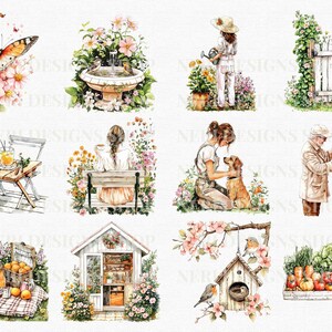 Puede incluir: Un conjunto de 10 ilustraciones de acuarela que representan diferentes escenas de jard&iacute;n. Las ilustraciones incluyen una mariposa, una fuente, una mujer regando flores, una puerta, una mujer sentada en un banco, una mujer acariciando a un perro, un hombre podando rosas, una cesta de picnic, un invernadero y una casa para p&aacute;jaros.
