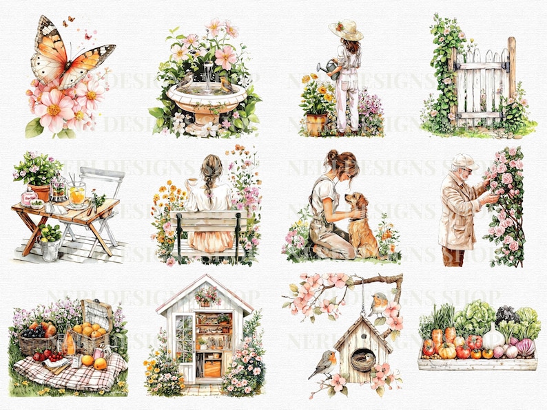 Puede incluir: Un conjunto de 10 ilustraciones de acuarela que representan diferentes escenas de jard&iacute;n. Las ilustraciones incluyen una mariposa, una fuente, una mujer regando flores, una puerta, una mujer sentada en un banco, una mujer acariciando a un perro, un hombre podando rosas, una cesta de picnic, un invernadero y una casa para p&aacute;jaros.