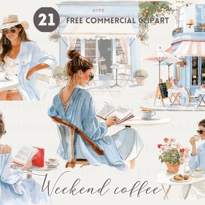 Mulher com pacote de clipart de aquarela de café, Garota na cafeteria PNG comercial grátis, vitrine de café, gráfico feminino de leitura para pausa para café