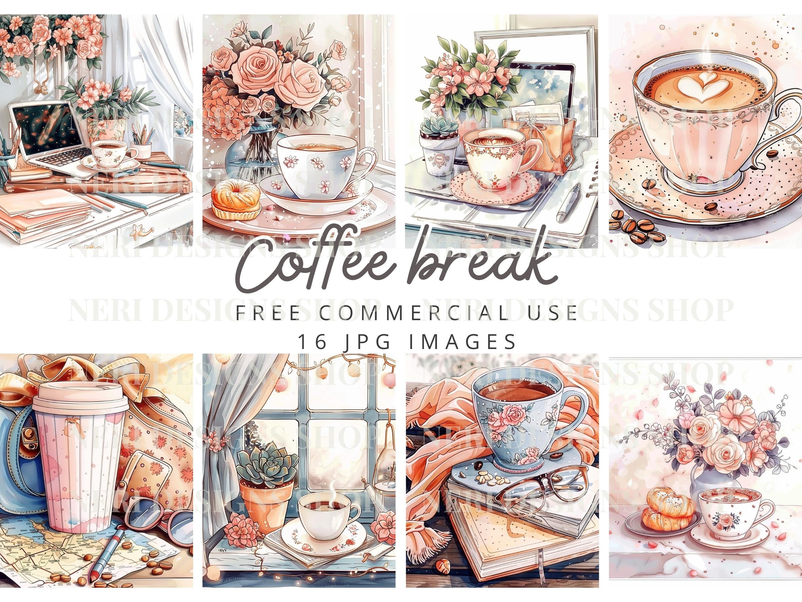 Kaffeetasse und Laptop Aquarell Clipart, Kaffeetasse und Handtasche frei kommerziell, Kaffee und Buch, Kaffeepause, Kaffee und Brotpapier
