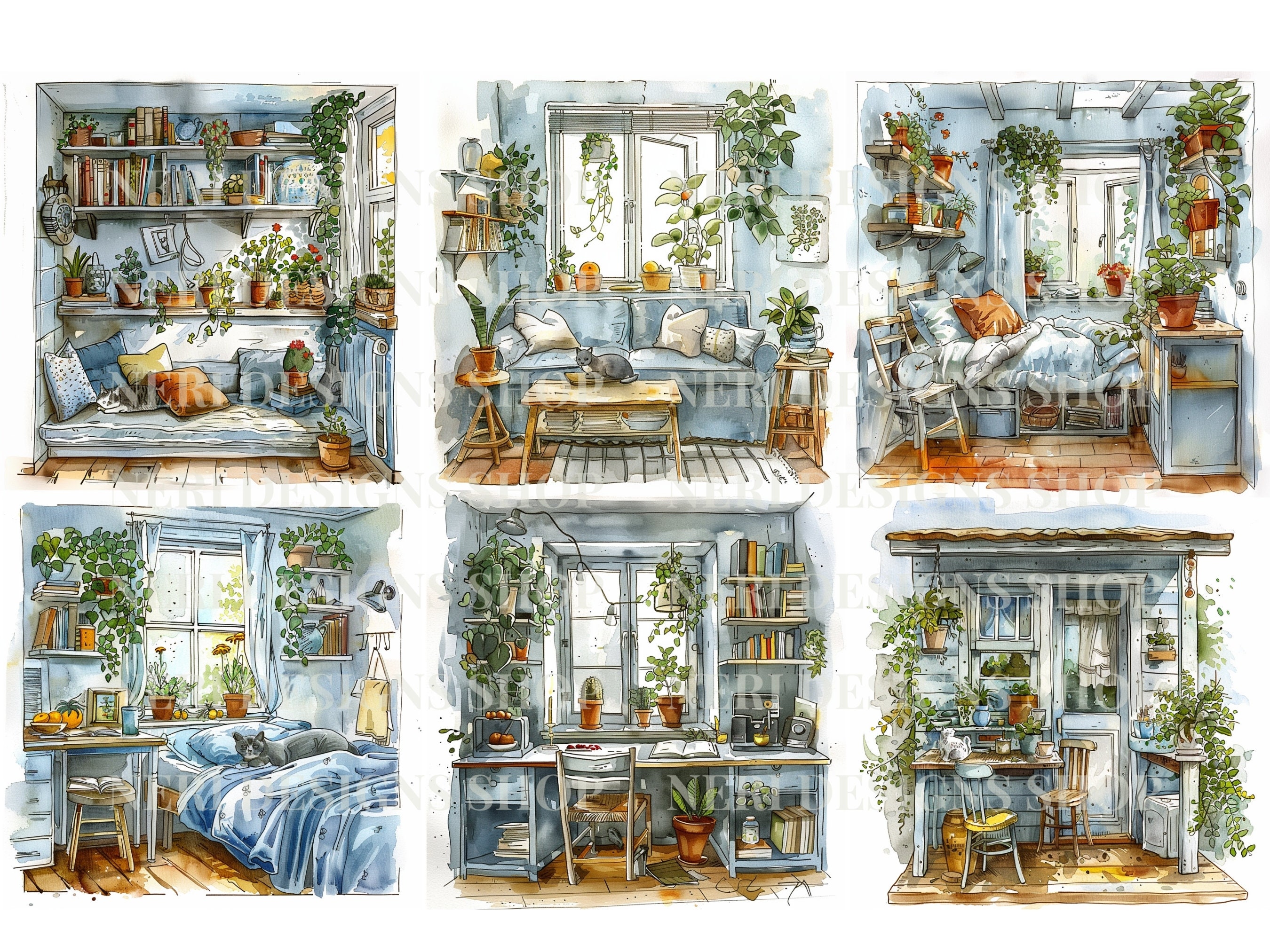 Cozy Home Watercolor Clipart Bundle, Bedroom Free Commercial, Bathroom ...