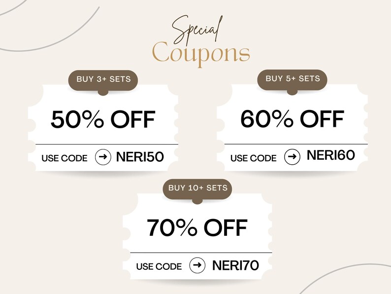 May include: Three white coupon cards with brown borders and text. The top card says "BUY 3+ SETS 50% OFF USE CODE &rarr; NERI50". The middle card says "BUY 5+ SETS 60% OFF USE CODE &rarr; NERI60". The bottom card says "BUY 10+ SETS 70% OFF USE CODE &rarr; NERI70".