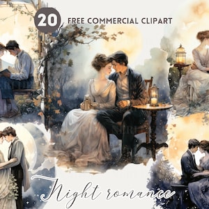 Pacote de clipart de aquarela de casal vintage, conjunto PNG comercial gratuito de amor noturno, ilustração clássica de momento romântico ao luar, gráfico romântico