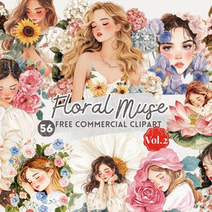 Bloemen muze aquarel clipart, romantische vrouw en bloem gratis commerciële png, vrouwelijke meisjessticker, serene vrouw esthetiek voor dagboek