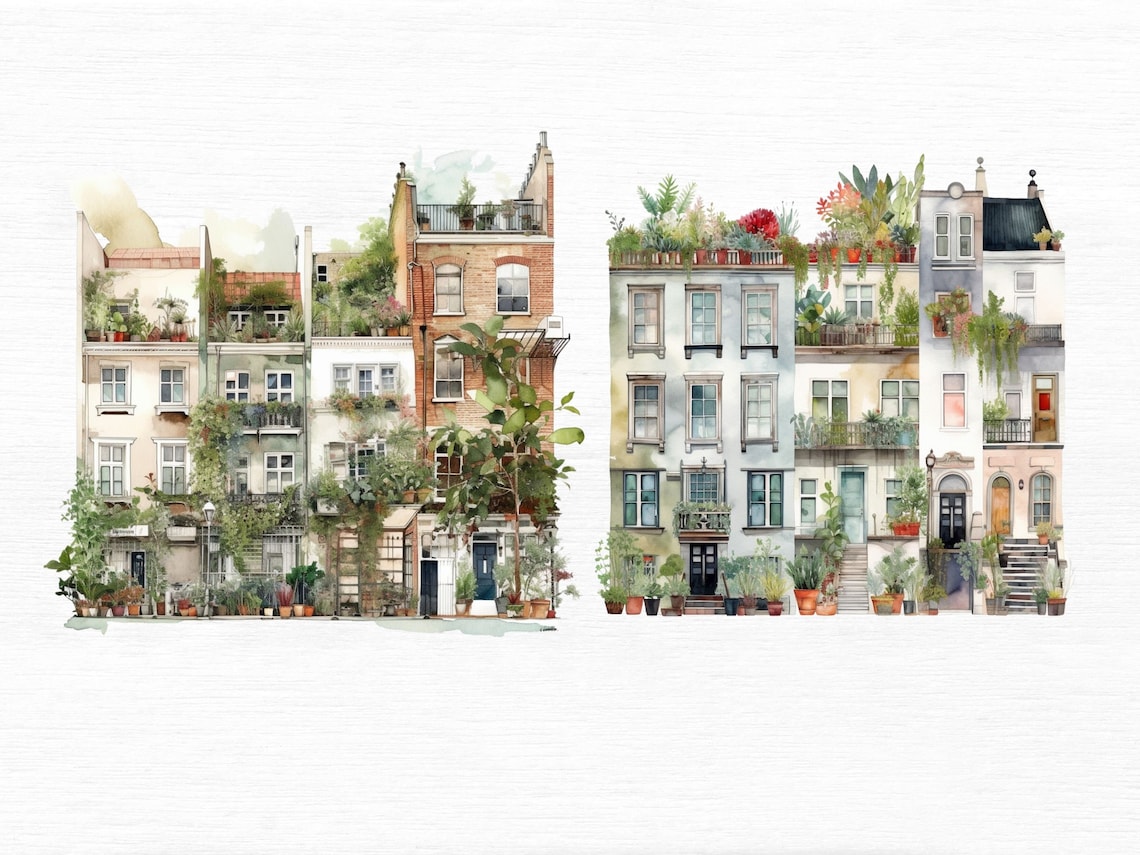 Townhome Watercolor Clipart Bundle Free Commercial Watercolor Etsy