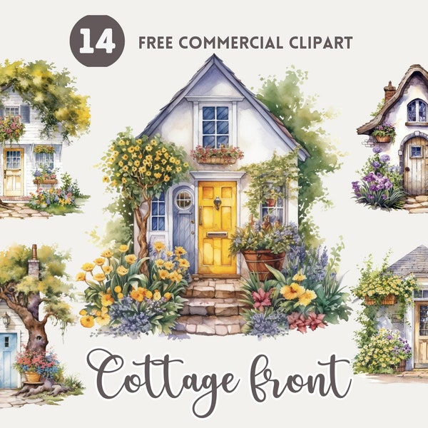 Floral Cottage front watercolor clipart bundle, Cozy cottage facade, Free commercial png, Country cottage illustration, Cottagecore graphic