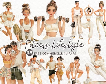 Clipart de acuarela de entrenamiento, publicidad gratuita de estilo de vida fitness, yoga, entrenamiento físico, ejercicio y moda deportiva, calcomanía de escena de bienestar.