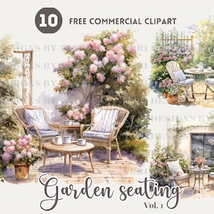 Gezellige tuinstoelen Aquarel Clipart Bundel, Tuintafel Set voor Thee Gratis Commercieel, Bloemen Buiten zitten PNG Cottagecore Illustratie