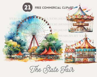 Pacchetto di clipart ad acquerello per fiere statali, fiere di contea, PNG commerciali gratuiti per Fair Wheel, giostra, bancone del cibo, montagne russe