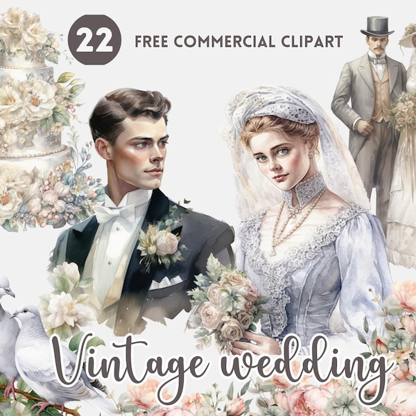 Vintage wedding watercolor clipart bundle Victorian Bride & Groom Free commercial Bridal floral illustration Wedding cake clipart set