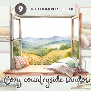 Vensterbank aquarel clipart bundel Groene weergave Gratis commerciële aquarel clipart set Platteland weergave illustratie Venster leeshoek