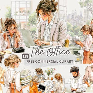 Clipart aquarelle pour femme et ordinateur portable, publicité gratuite pour un employé de bureau, scène d'affaires, environnement de travail, fille au téléphone, réunion d'équipe, photocopie