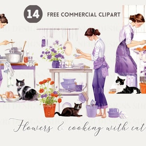 Paquete de imágenes prediseñadas de acuarela de dama y gato, Mujer arreglando flores Png comercial gratuito, Chica cocinando con gato, acogedora escena casera para diario de mujeres