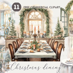 Christmas Dining Watercolor Clipart Bundle, Holiday Dining table Free Commercial PNG, Festive Feast Illustration Christmas Banquet