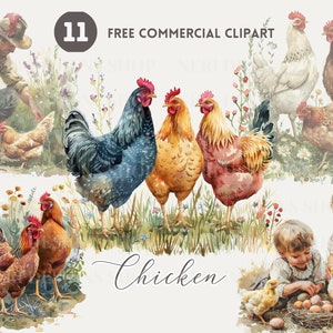 Ensemble de cliparts aquarelle poulet de ferme et chevreau cottagecore, illustration de la volaille, ramassage d'oeufs de poule, commercial gratuit