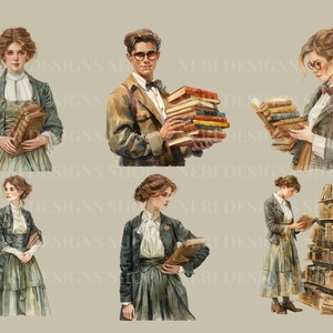 Vintage reading watercolor clipart Classic library Free commercial PNG Librarian, Book lover bookcase old world globe catalog cabinet art zdjęcie 2