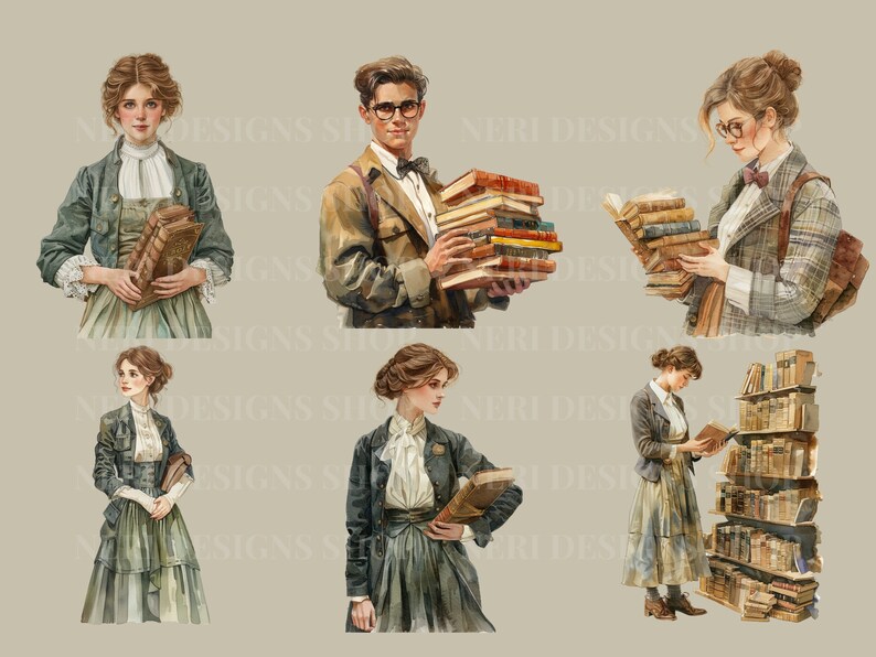 Vintage reading watercolor clipart Classic library Free commercial PNG Librarian, Book lover bookcase old world globe catalog cabinet art zdjęcie 2