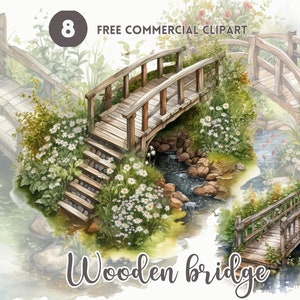 Wooden bridge watercolor clipart bundle Rustic bridge Free commercial watercolor clipart set Garden bridge illustration set Footbridge art