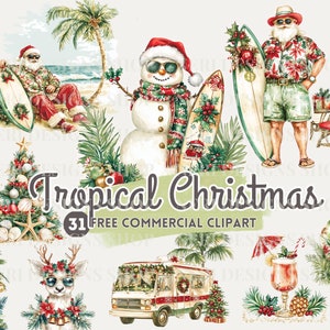 Tropische kerst aquarel clipart, kerst strand camper gratis commerciële png, kust kerstman, eiland sneeuwpop zeeschelp feestelijke boom