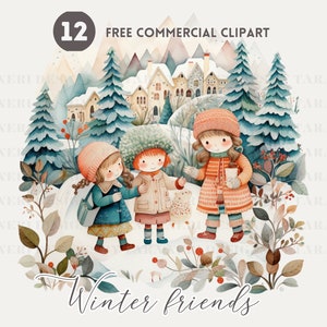 Paquete de imágenes prediseñadas de acuarela de amigo de Navidad Niños de invierno conjunto de png comercial gratuito ilustración festiva de Snowy Playmate en estilo de dibujos animados