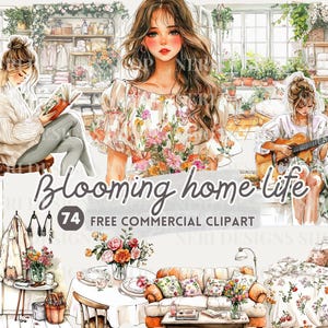 Bloemen thuis wonen aquarel clipart, Springtime Home Bliss gratis commerciële png, vrouwelijke sticker, bloeiend meisje dagelijkse activiteit, huiskamer