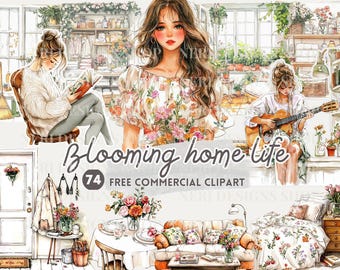 Floral home living watercolor clipart, Springtime Home Bliss free commercial PNG, Feminine Sticker, Blooming Girl Daily Activity, House Room