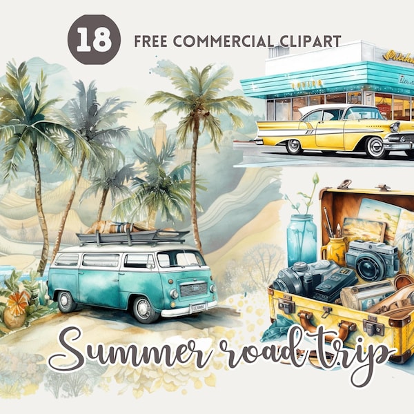 Summer road trip watercolor clipart bundle Summer travel Free commercial watercolor clipart set Picnic van Illustration Road clipart