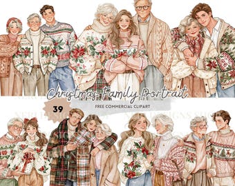 Christmas Family Portrait Clipart, Watercolor Parents and Adult Children, Senior Mother and Father Holiday Illustration