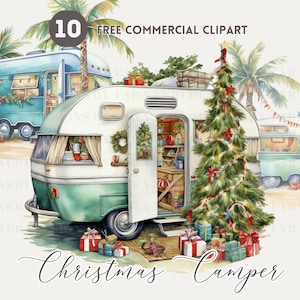 Christmas Camper Watercolor Clipart, Seaside Camper Free Commercial PNG, Summer Christmas, Tropical Festive, Beachside Christmas Graphic