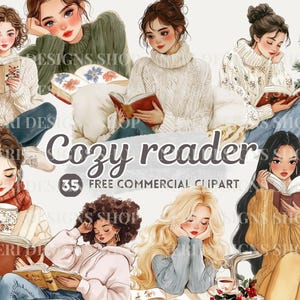 May include: Watercolor illustration featuring multiple women reading books in cozy settings. The image includes text that reads "Cozy reader" and "35 FREE COMMERCIAL CLIPART". The women are depicted in sweaters and jeans.