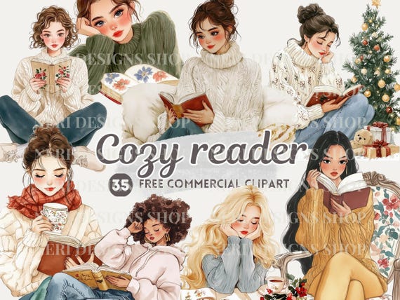 Cozy woman reading watercolor clipart, Girl Reading & Relaxing with Book free commercial PNG, Winter Reader Aesthetic, Autumn Reading Moment