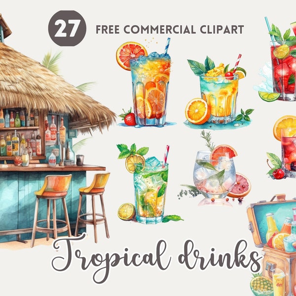 Tropical Drinks Watercolor Clipart Bundle, Refreshing Summer Drink Free Commercial, Exotic Cocktail PNG, Beach Fruity Beverage, Tiki Bar