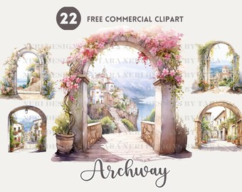 Archway view watercolor clipart bundle, Landscape Arch Free commercial PNG, Street Arch illustration, Garden archway view, Floral Archway