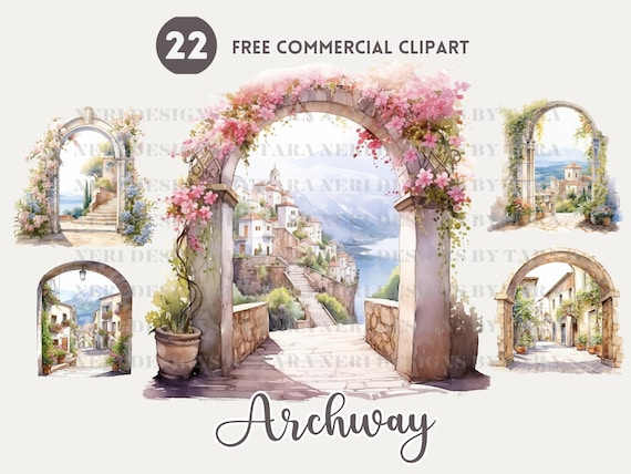Archway view watercolor clipart bundle, Landscape Arch Free commercial PNG, Street Arch illustration, Garden archway view, Floral Archway