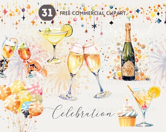 Paquete de imágenes prediseñadas de acuarela de celebración, decoración de fiesta de Año Nuevo PNG comercial gratuito, champán, fuegos artificiales, cóctel, ilustración de cupcake con globo