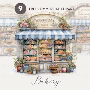 Bakery watercolor clipart bundle, Free commercial Baker shop PNG, Pastry Shop Illustration, Sweet Bakery Storefront, Dessert Display Graphic