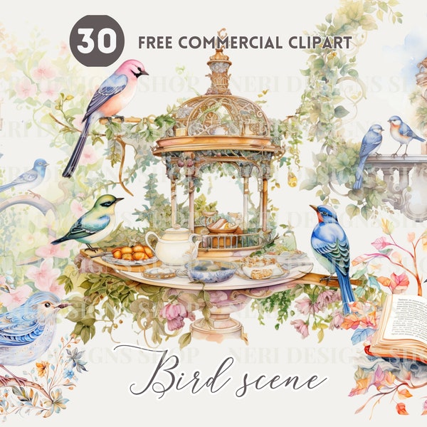 Bird watercolor clipart bundle, Garden bird Free commercial PNG, bird house, spring bird illustration, bird on table, bird and book graphic