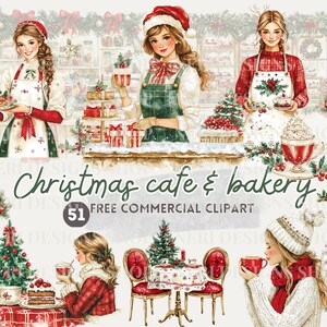 Kerstcafé en bakkerij aquarel clipart, feestelijke caféscène gratis commerciële png, balie voor vakantiedrankjes, vrolijke serveerster, ober
