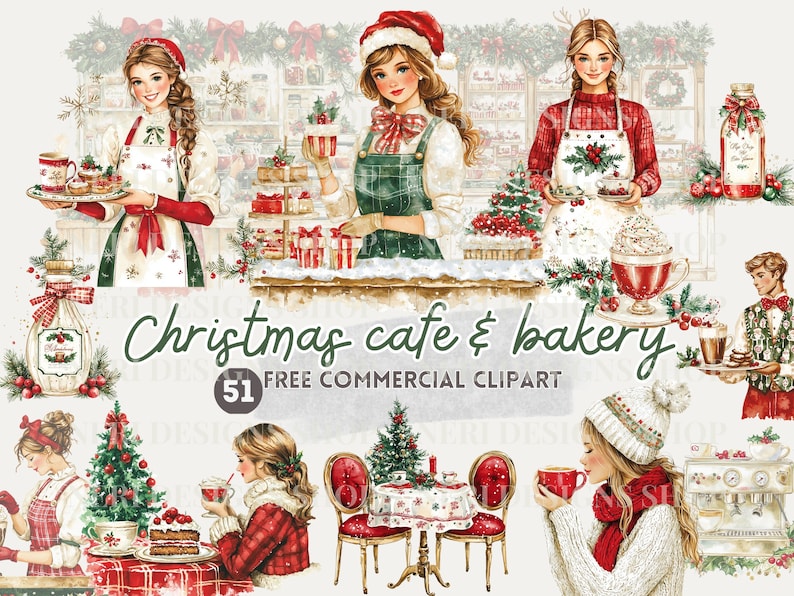 K&ouml;nnte beinhalten: Ein Set mit 51 Clipart-Illustrationen zum Thema Weihnachtscaf&eacute; und B&auml;ckerei. Die Illustrationen zeigen Frauen in roten und gr&uuml;nen Outfits, einen Weihnachtsbaum, eine Kaffeetasse, einen Kuchen und eine Kaffeemaschine. Der Text "Christmas cafe & bakery" und "51 FREE COMMERCIAL CLIPART" ist im Bild enthalten.