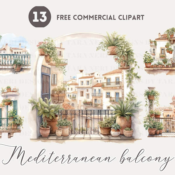 Mediterranean balcony watercolor clipart bundle Mediterranean Decor free commercial png illustration botanical balcony art