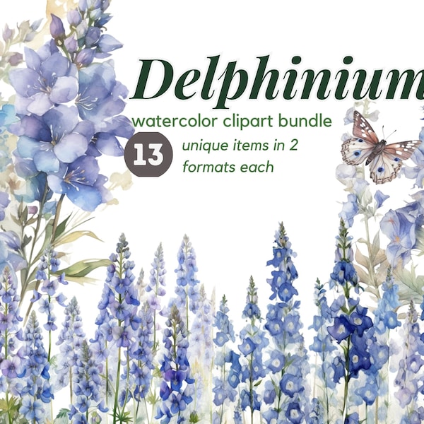 Delphinium Floral watercolor clipart bundle Larkspur free commercial clipart set Instant Download Birth month flower illustration set