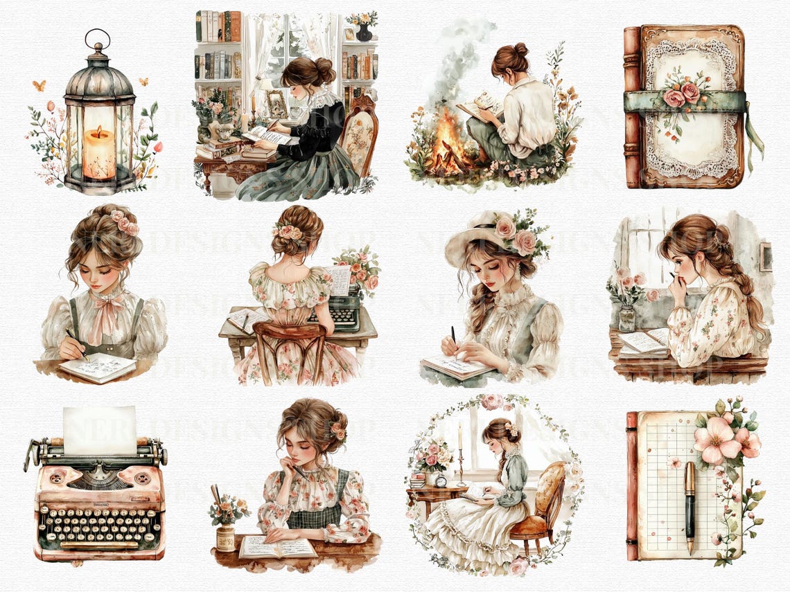 Vintage Lady Writing Watercolor Clipart, Classic Girl Typing Free ...