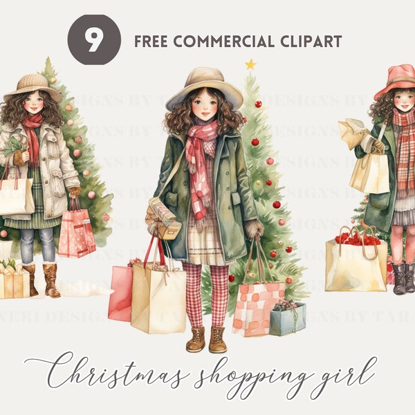 Fille de Noël shopping aquarelle clipart, Holiday Retail Shopper PNG commercial gratuit, illustration de dame de Noël, fille de la saison des fêtes
