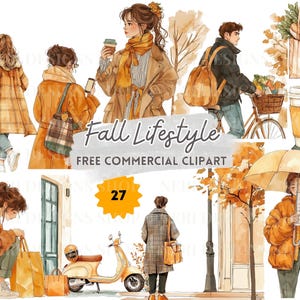 Puede incluir: Una colección de ilustraciones en acuarela que representan escenas de estilo de vida otoñal, incluyendo personas con ropa de temporada, bolsas de tela con comestibles, una bicicleta, un scooter y tazas de café, con el texto Fall Lifestyle.