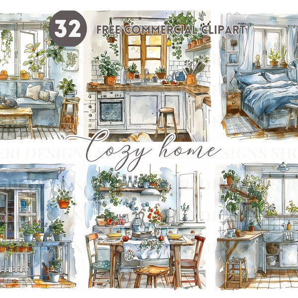 Cozy home watercolor clipart bundle, Bedroom Free commercial, bathroom, kitchen, dining room, balcony, porch, living room illustration