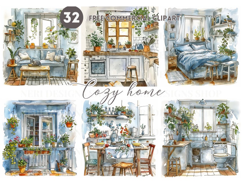 Cozy Home Watercolor Clipart Bundle, Bedroom Free Commercial, Bathroom ...