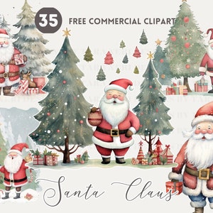 Cute Santa Claus Watercolor Clipart Bundle, Christmas Tree, Free Commercial PNG, Festive Father and present Illustration for Christmas card